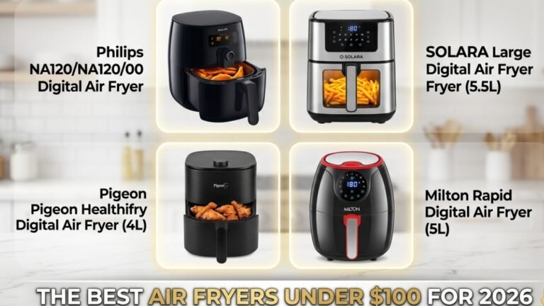 A sleek black Milton 5L air fryer with a digital touch panel and modern aesthetic