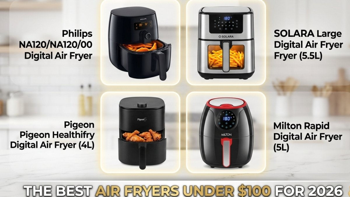 A sleek black Milton 5L air fryer with a digital touch panel and modern aesthetic