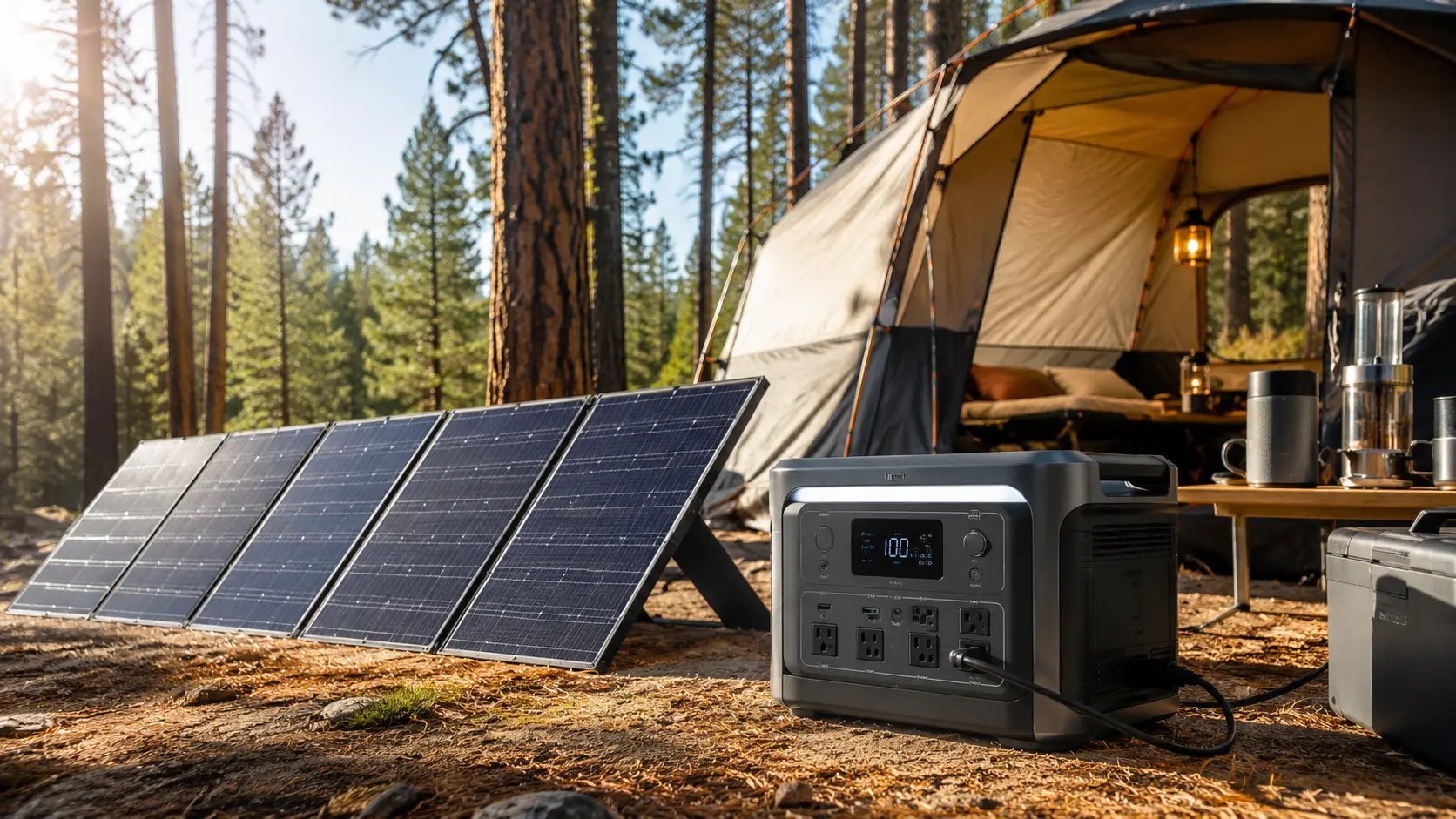 Best portable solar generator for off-grid camping setup with solar panels and luxury tent in pine forest